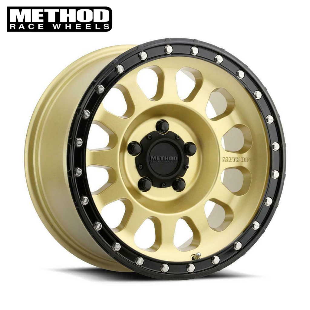 Method MR315, Jeep Wrangler/Gladiator 17x8.5, 0mm Offset, 5x5, 71.5mm Centerbore, Gold/Black Street Loc